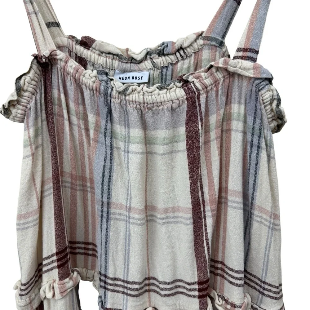 Cottagecore Tiered Smock Dress with Tie Shoulders, Creamy White Plaid, XL